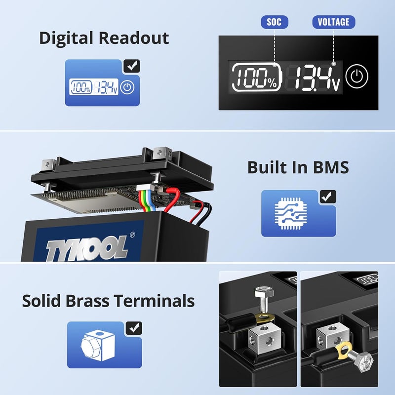 TYKOOL YTX24HL-BS High Performance Lithium LiFePO4 Motorcycle Battery, 720CCA,16Ah,2X Cranking Power,5X Service Life, Digital Readout,Competible for ATV,Motorcycle,Snowmobile, riding lawn Mower - Image 4